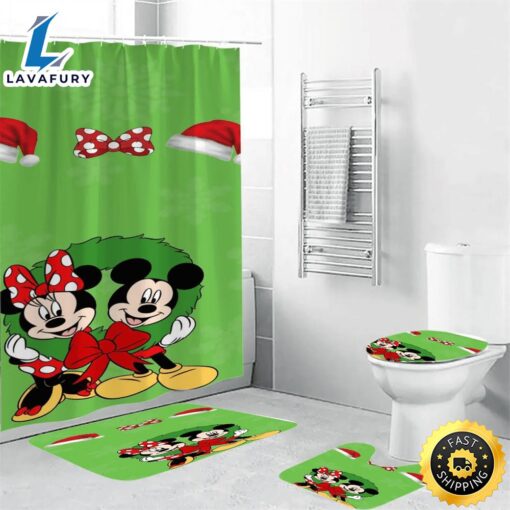 Disney Mickey Mouse Christmas Mickey And Minnie Green 6 Shower Curtain Non-Slip Toilet Lid Cover Bath Mat – Bathroom Set Fans Gifts