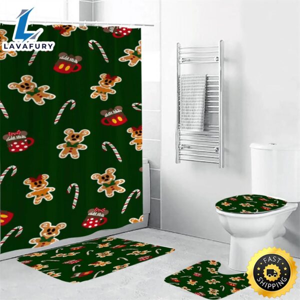 Disney Mickey Mouse Christmas Mickey And Minnie Green 7 Shower Curtain Non-Slip Toilet Lid Cover Bath Mat – Bathroom Set Fans Gifts