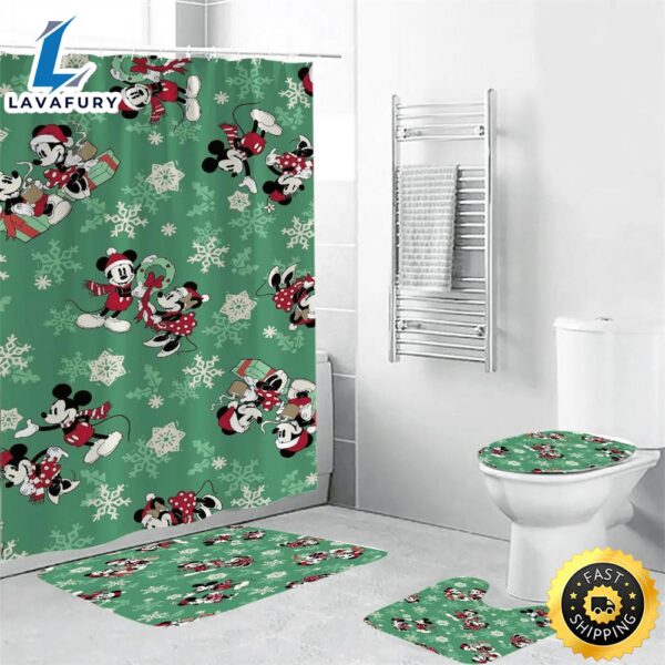 Disney Mickey Mouse Christmas Mickey And Minnie Green 8 Shower Curtain Non-Slip Toilet Lid Cover Bath Mat – Bathroom Set Fans Gifts