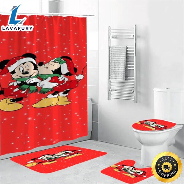 Disney Mickey Mouse Christmas Mickey And Minnie Red 1 Shower Curtain Non-Slip Toilet Lid Cover Bath Mat – Bathroom Set Fans Gifts