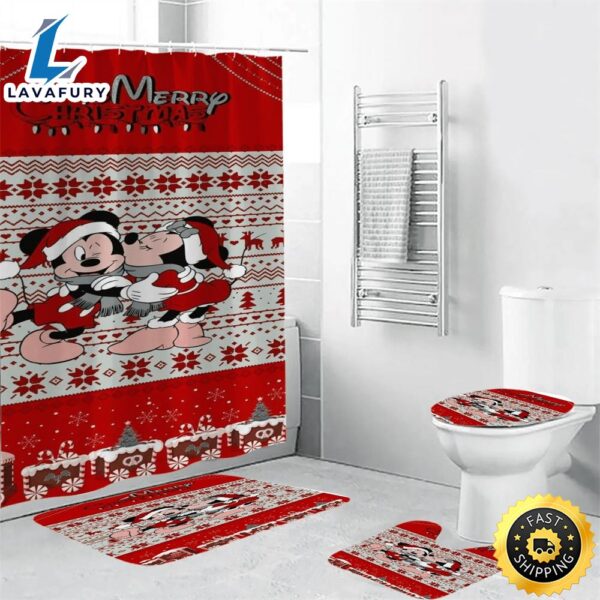 Disney Mickey Mouse Christmas Mickey And Minnie Red 2 Shower Curtain Non-Slip Toilet Lid Cover Bath Mat – Bathroom Set Fans Gifts