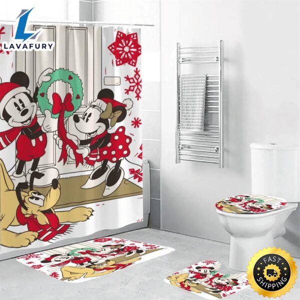 Disney Mickey Mouse Christmas Mickey And Minnie Red 3 Shower Curtain Non-Slip Toilet Lid Cover Bath Mat – Bathroom Set Fans Gifts