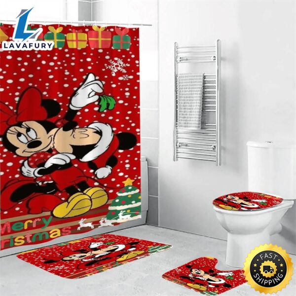 Disney Mickey Mouse Christmas Mickey And Minnie Red 4 Shower Curtain Non-Slip Toilet Lid Cover Bath Mat – Bathroom Set Fans Gifts