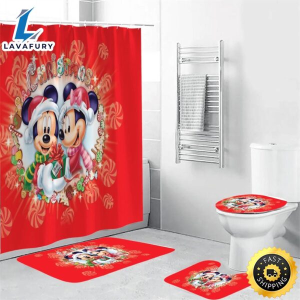 Disney Mickey Mouse Christmas Mickey And Minnie Red 5 Shower Curtain Non-Slip Toilet Lid Cover Bath Mat – Bathroom Set Fans Gifts
