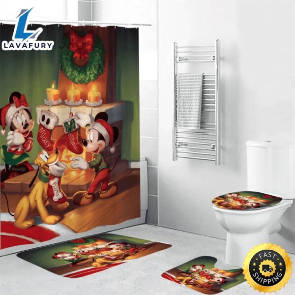 Disney Mickey Mouse Christmas Mickey And Minnie Red 6 Shower Curtain Non-Slip Toilet Lid Cover Bath Mat – Bathroom Set Fans Gifts