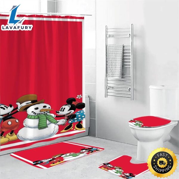 Disney Mickey Mouse Christmas Mickey And Minnie Red 7 Shower Curtain Non-Slip Toilet Lid Cover Bath Mat – Bathroom Set Fans Gifts