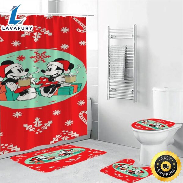 Disney Mickey Mouse Christmas Mickey And Minnie Red 8 Shower Curtain Non-Slip Toilet Lid Cover Bath Mat – Bathroom Set Fans Gifts