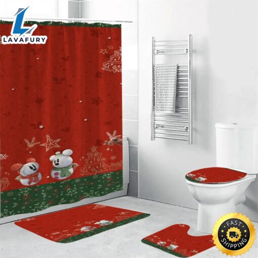 Disney Mickey Mouse Christmas Mickey And Minnie Snowman 1 Shower Curtain Non-Slip Toilet Lid Cover Bath Mat – Bathroom Set Fans Gifts