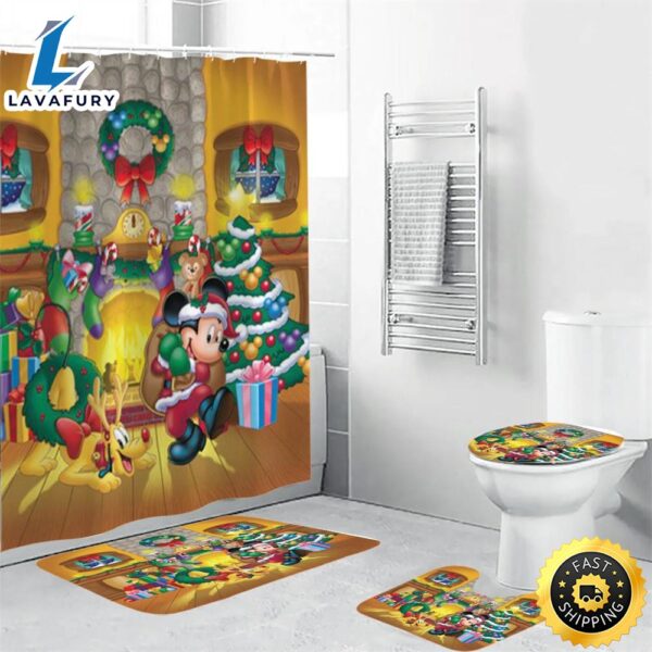 Disney Mickey Mouse Christmas Mickey And Pluto 1 Shower Curtain Non-Slip Toilet Lid Cover Bath Mat – Bathroom Set Fans Gifts
