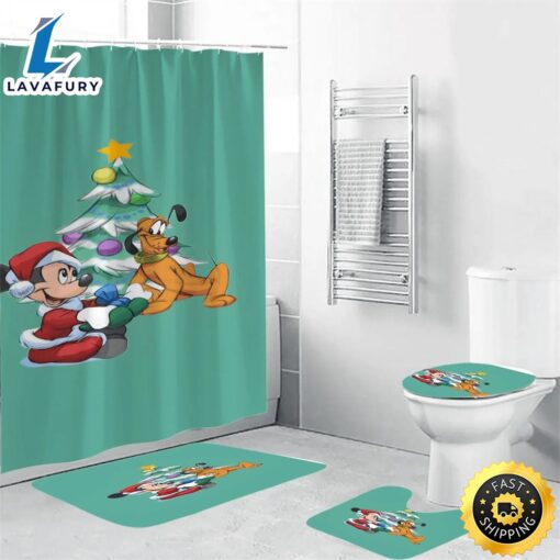 Disney Mickey Mouse Christmas Mickey And Pluto Blue 3 Shower Curtain Non-Slip Toilet Lid Cover Bath Mat – Bathroom Set Fans Gifts