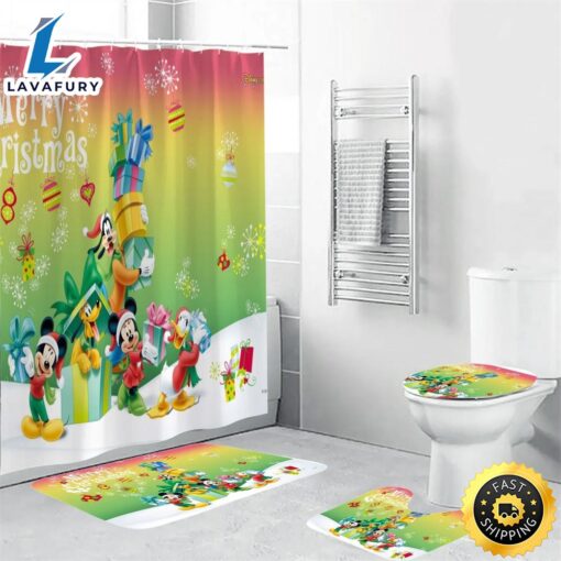 Disney Mickey Mouse Christmas Mickey Friends 1 Shower Curtain Non-Slip Toilet Lid Cover Bath Mat – Bathroom Set Fans Gifts