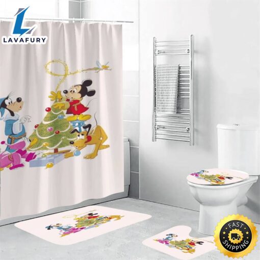 Disney Mickey Mouse Christmas Mickey Friends 10 Shower Curtain Non-Slip Toilet Lid Cover Bath Mat – Bathroom Set Fans Gifts