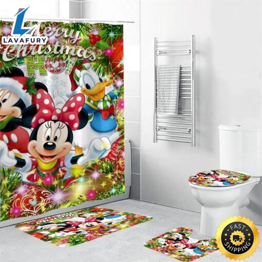 Disney Mickey Mouse Christmas Mickey Friends 11 Shower Curtain Non-Slip Toilet Lid Cover Bath Mat – Bathroom Set Fans Gifts