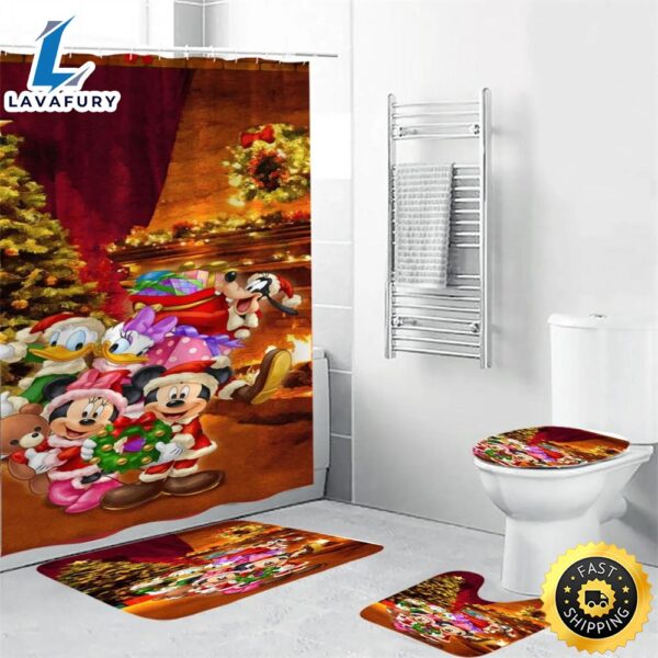 Disney Mickey Mouse Christmas Mickey Friends 13 Shower Curtain Non-Slip Toilet Lid Cover Bath Mat – Bathroom Set Fans Gifts