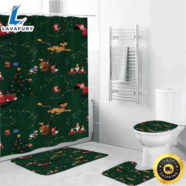 Disney Mickey Mouse Christmas Mickey Friends 14 Shower Curtain Non-Slip Toilet Lid Cover Bath Mat – Bathroom Set Fans Gifts