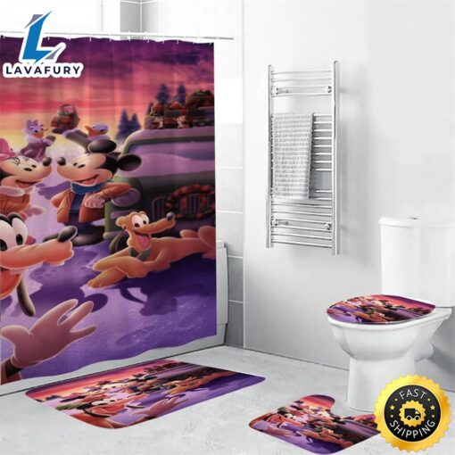 Disney Mickey Mouse Christmas Mickey Friends 15 Shower Curtain Non-Slip Toilet Lid Cover Bath Mat – Bathroom Set Fans Gifts