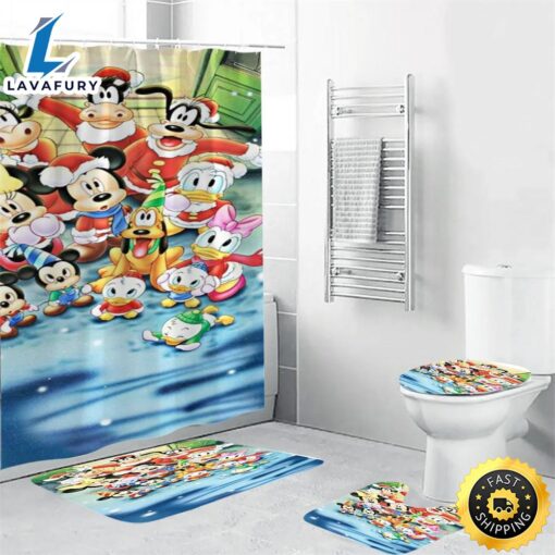 Disney Mickey Mouse Christmas Mickey Friends 16 Shower Curtain Non-Slip Toilet Lid Cover Bath Mat – Bathroom Set Fans Gifts