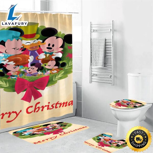 Disney Mickey Mouse Christmas Mickey Friends 17 Shower Curtain Non-Slip Toilet Lid Cover Bath Mat – Bathroom Set Fans Gifts