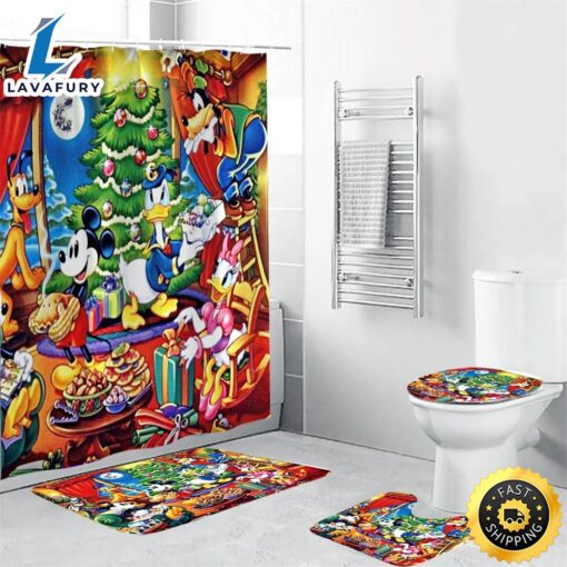 Disney Mickey Mouse Christmas Mickey Friends 2 Shower Curtain Non-Slip Toilet Lid Cover Bath Mat – Bathroom Set Fans Gifts