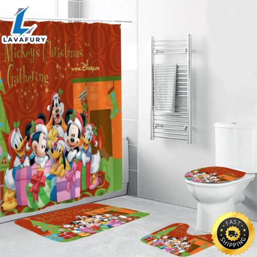 Disney Mickey Mouse Christmas Mickey Friends 3 Shower Curtain Non-Slip Toilet Lid Cover Bath Mat – Bathroom Set Fans Gifts