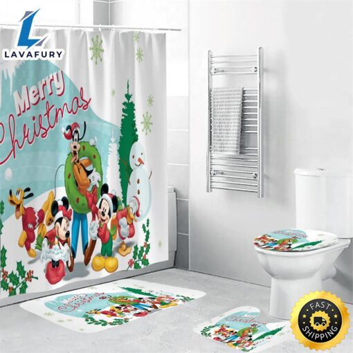 Disney Mickey Mouse Christmas Mickey Friends 5 Shower Curtain Non-Slip Toilet Lid Cover Bath Mat – Bathroom Set Fans Gifts