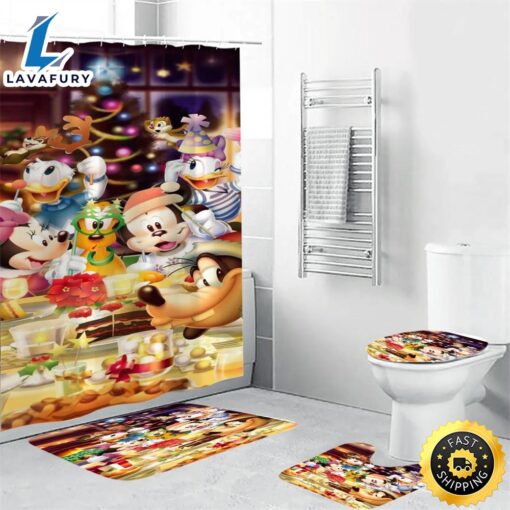 Disney Mickey Mouse Christmas Mickey Friends 6 Shower Curtain Non-Slip Toilet Lid Cover Bath Mat – Bathroom Set Fans Gifts