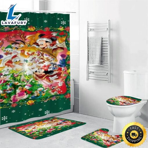 Disney Mickey Mouse Christmas Mickey Friends 7 Shower Curtain Non-Slip Toilet Lid Cover Bath Mat – Bathroom Set Fans Gifts