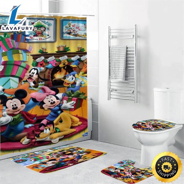 Disney Mickey Mouse Christmas Mickey Friends 8 Shower Curtain Non-Slip Toilet Lid Cover Bath Mat – Bathroom Set Fans Gifts