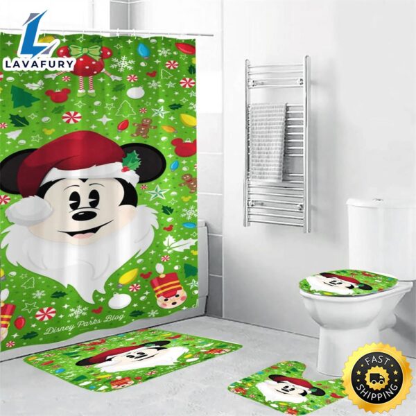 Disney Mickey Mouse Christmas Mickey Green 1 Shower Curtain Non-Slip Toilet Lid Cover Bath Mat – Bathroom Set Fans Gifts