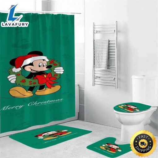 Disney Mickey Mouse Christmas Mickey Green 2 Shower Curtain Non-Slip Toilet Lid Cover Bath Mat – Bathroom Set Fans Gifts