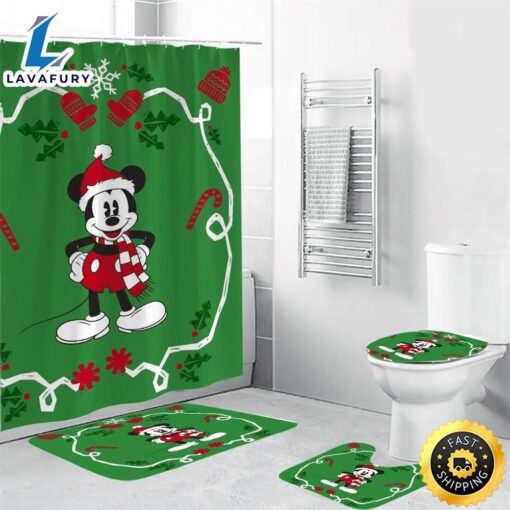 Disney Mickey Mouse Christmas Mickey Green 3 Shower Curtain Non-Slip Toilet Lid Cover Bath Mat – Bathroom Set Fans Gifts