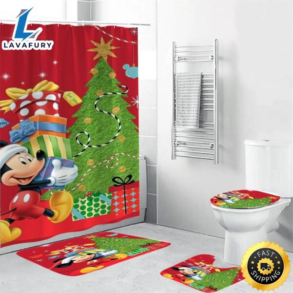 Disney Mickey Mouse Christmas Mickey Red 1 Shower Curtain Non-Slip Toilet Lid Cover Bath Mat – Bathroom Set Fans Gifts