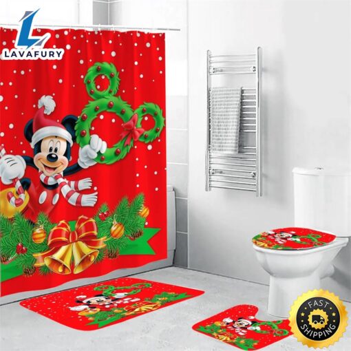 Disney Mickey Mouse Christmas Mickey Red 2 Shower Curtain Non-Slip Toilet Lid Cover Bath Mat – Bathroom Set Fans Gifts