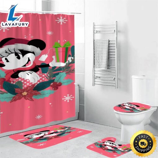 Disney Mickey Mouse Christmas Minnie Gift Pink 1 Shower Curtain Non-Slip Toilet Lid Cover Bath Mat – Bathroom Set Fans Gifts