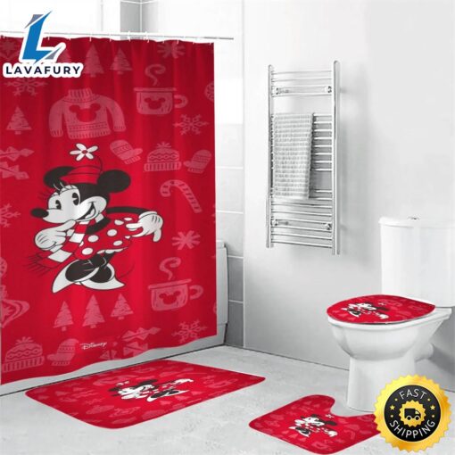 Disney Mickey Mouse Christmas Minnie Red 1 Shower Curtain Non-Slip Toilet Lid Cover Bath Mat – Bathroom Set Fans Gifts