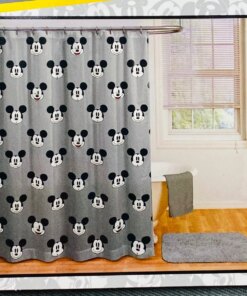 Disney Mickey Mouse Faces Gray Black And White 100% Cotton Shower Curtain