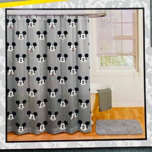 Disney Mickey Mouse Faces Gray Black And White 100% Cotton Shower Curtain