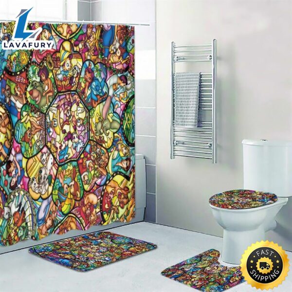 Disney Stained Glass Print Shower Curtain Bath Math Toilet Lid Cover Mat