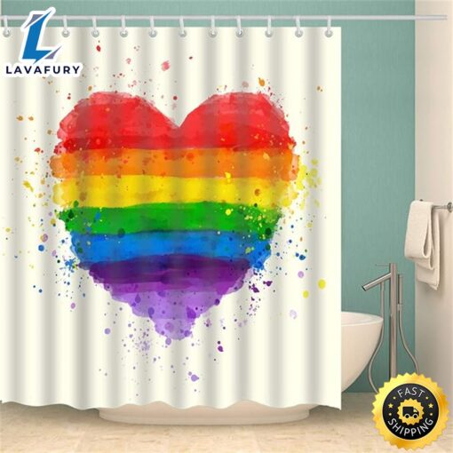 Dodou Colorful Rainbow Love Heart Bathroom Curtain Waterproof Fabric Polyester Set With Hooks