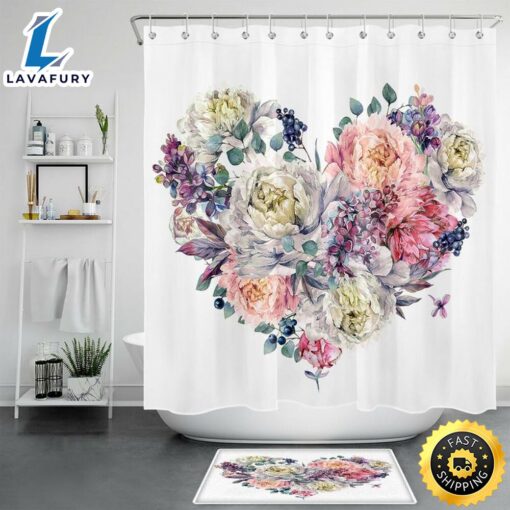 Flower Heart Shower Curtains Valentines Day Bathroom Set Decor Valentine Decor