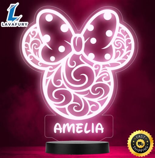 Girls Minnie Mouse Swirls Bow Personalised Gift Colour Change Lamp Night Light