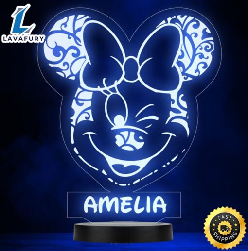 Girls Minnie Mouse Winking Face Personalised Gift Colour Change Lamp Night Light