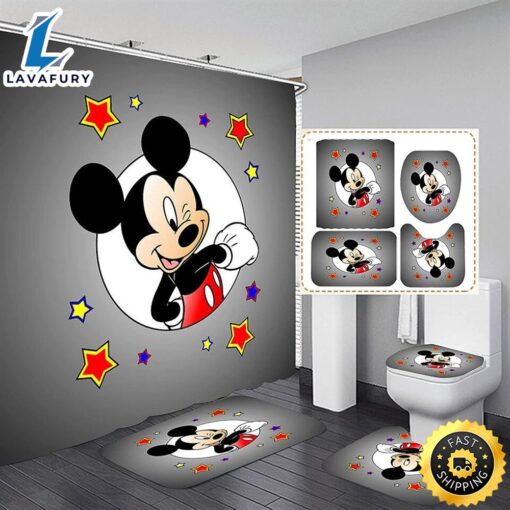 Gray Mickey Minnie Mouse Bathroom Set Shower Curtain Bath Mat Toilet Lid Cover