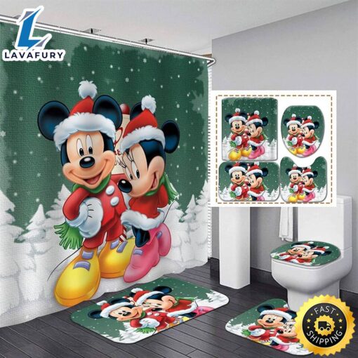 Green Mickey Minnie Mouse Bathroom Set Shower Curtain Bath Mat Toilet Lid Cover