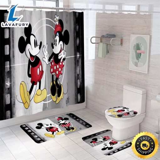 Happy Cartoon Mickey Minnie Waterproof Shower Curtain Bath Mat Toilet Cover Set