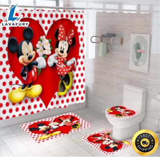 Happy Mickey And Minnie Waterproof Shower Curtain Bath Mat Toilet Cover Set Mat