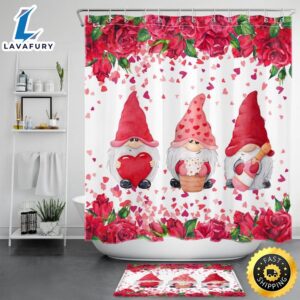 Happy Valentines Day Bathroom Shower Curtain Set Gnome Couple Home Bath Decor Roses Shower Curtain