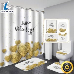Happy Valentines Day Gift Shower Curtain Set Glitter Heart Bathroom Curtain Valentine