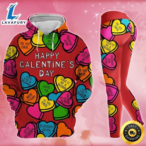 Happy Valentines Day Multi Color Heart All Over Print Leggings Hoodie Set Outfit For