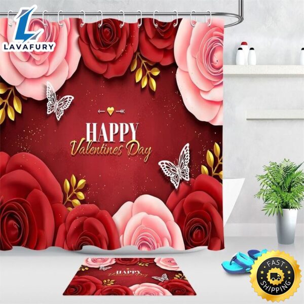 Happy Valentines Day Shower Curtains Roses Butterfly Bathroom Curtains Valentine Decor Bathroom Decoration